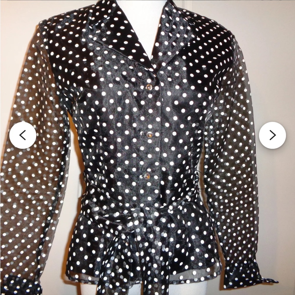 MSK Black Jacket with White Polka Dots Organza sheer transparent see through